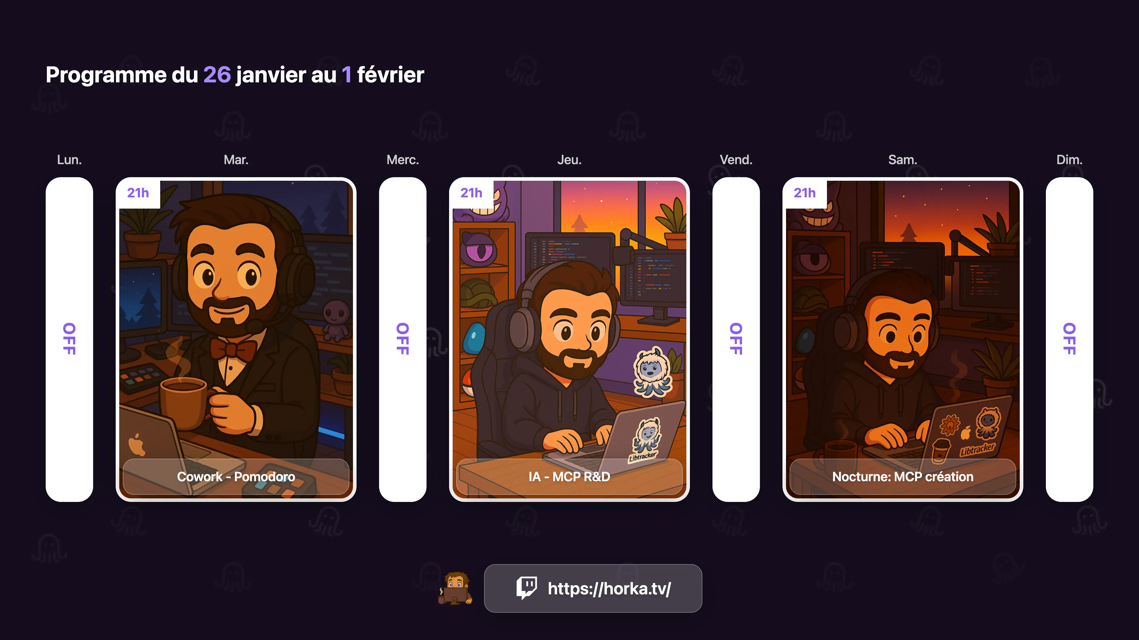 MyPlanning stream schedule creator - Desktop view with Purple Dream theme showing weekly streaming calendar